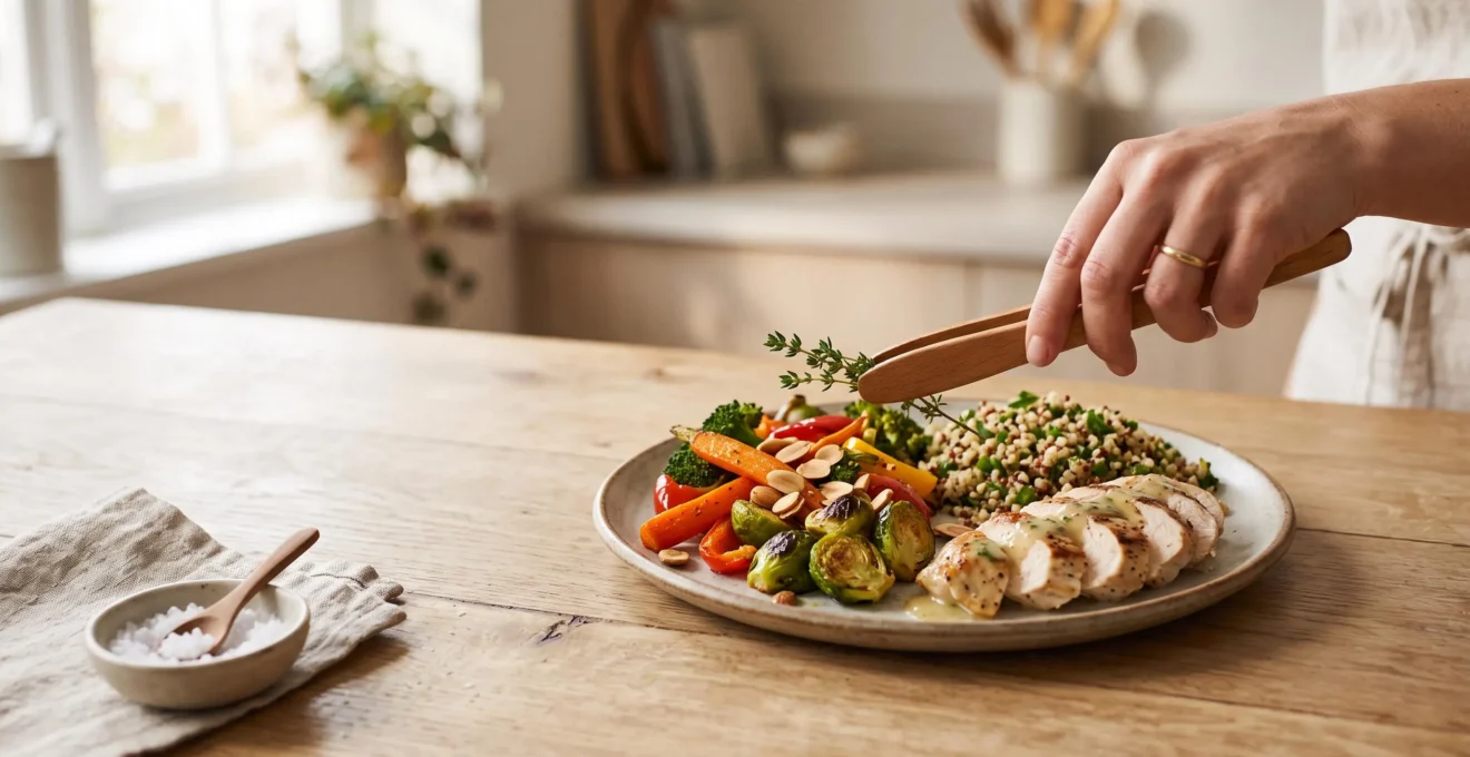 Une assiette équilibrée harmonieusement composée de légumes colorés, de protéines et de céréales complètes, posée sur un plan de travail lumineux