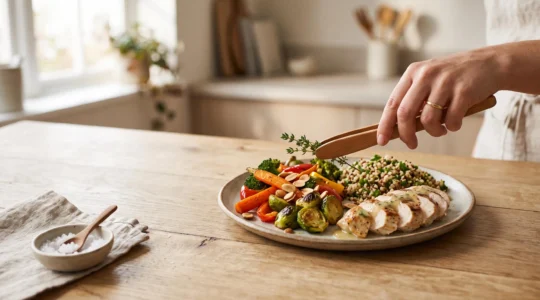 Une assiette équilibrée harmonieusement composée de légumes colorés, de protéines et de céréales complètes, posée sur un plan de travail lumineux