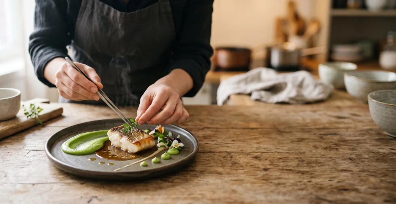 Mains dressant avec precision une assiette gastronomique minimaliste dans une cuisine a la maison