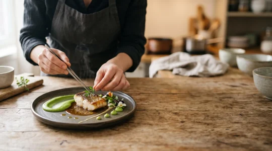 Mains dressant avec precision une assiette gastronomique minimaliste dans une cuisine a la maison