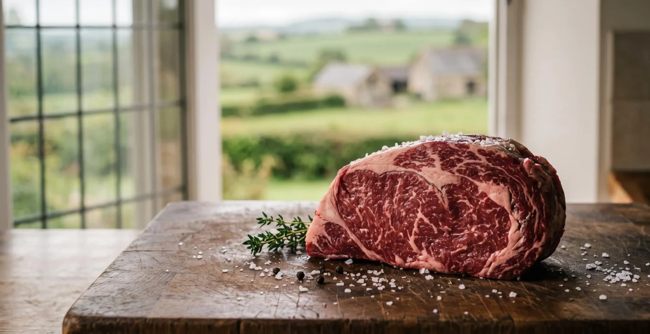 Pièce de bœuf charolais AOP finement persillée posée sur une planche en bois brut, prête à être cuisinée