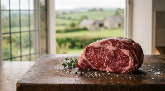 Pièce de bœuf charolais AOP finement persillée posée sur une planche en bois brut, prête à être cuisinée
