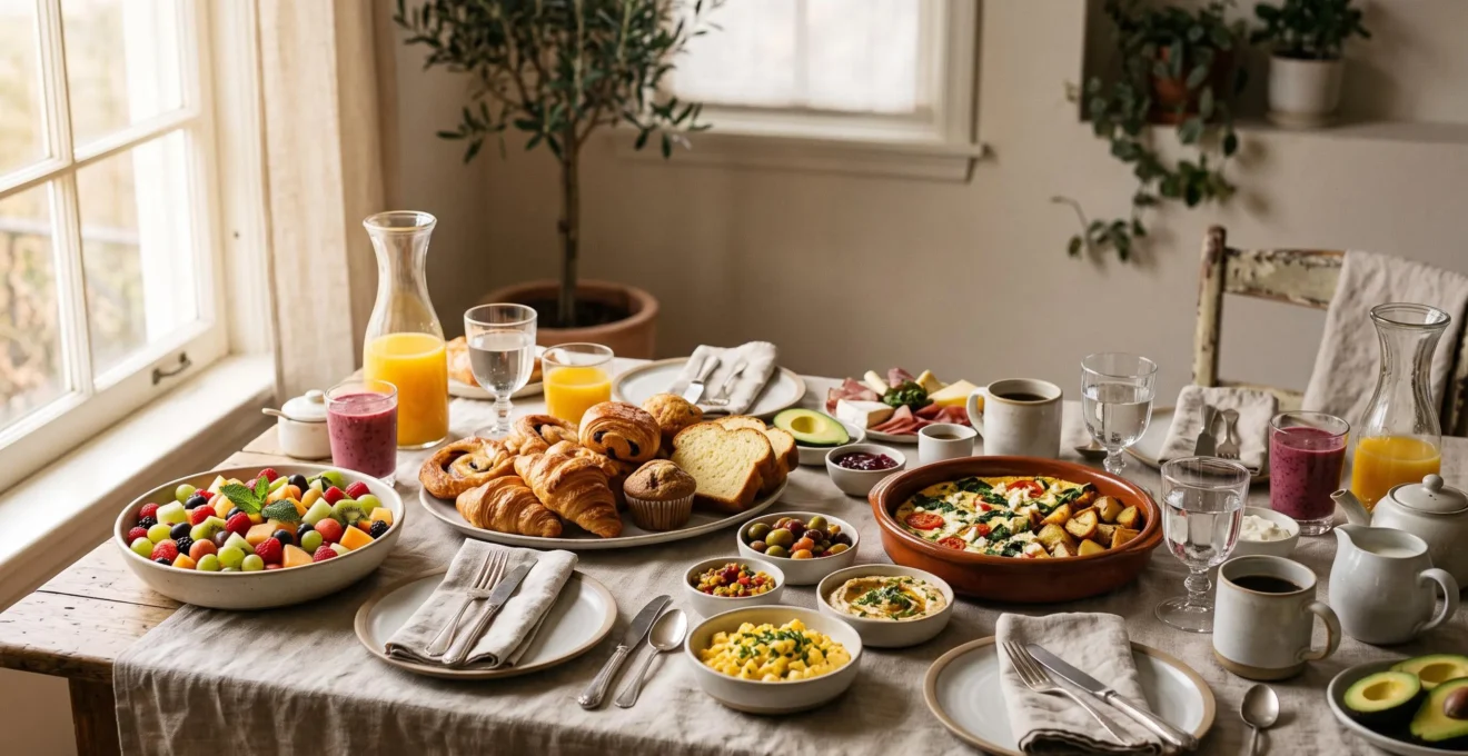 Table de brunch internationale généreusement dressée pour douze convives dans une lumière naturelle chaleureuse