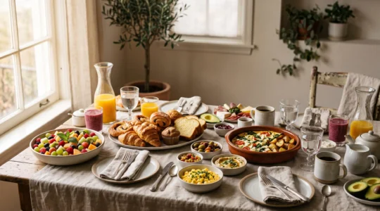 Table de brunch internationale généreusement dressée pour douze convives dans une lumière naturelle chaleureuse