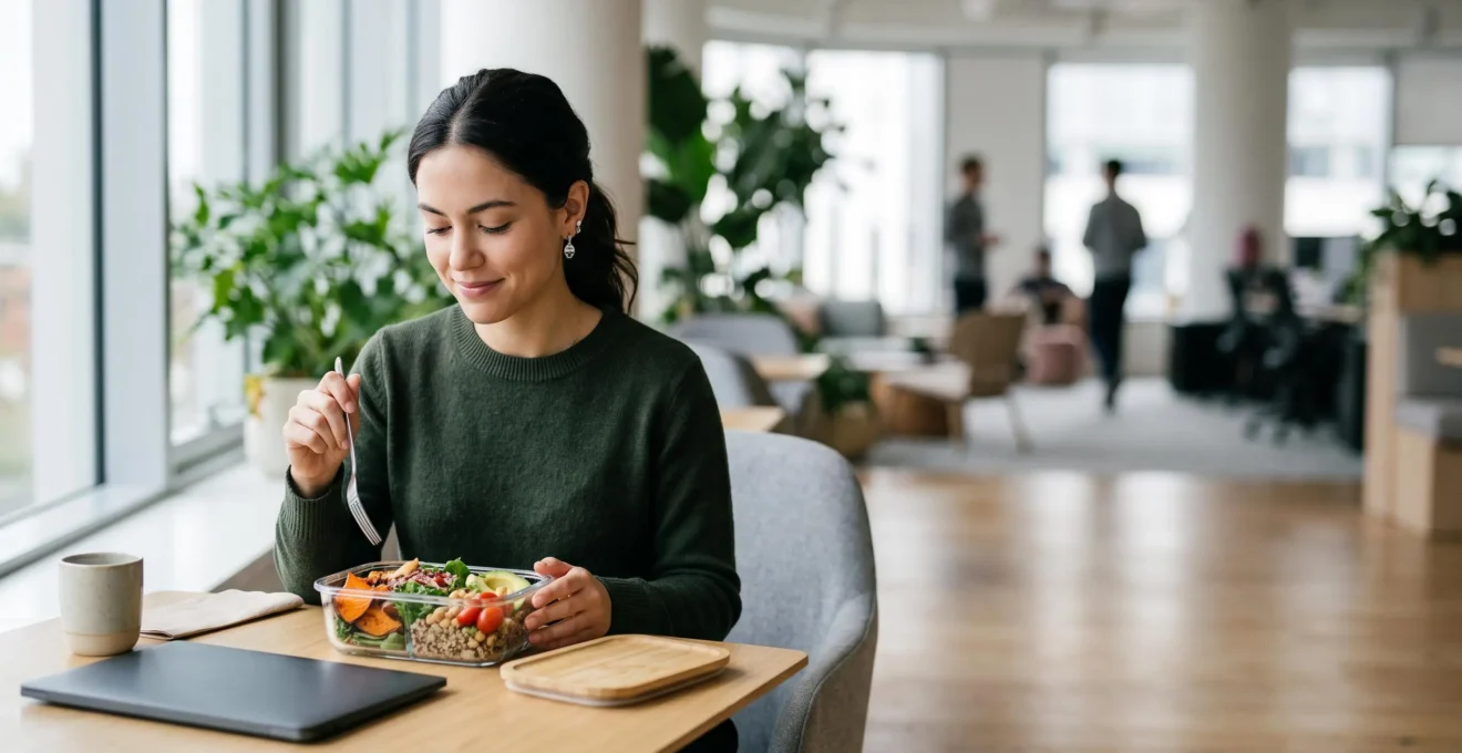 Un professionnel actif savourant un repas sain et equilibre pendant une pause au bureau, symbole de l equilibre entre travail intense et alimentation saine
