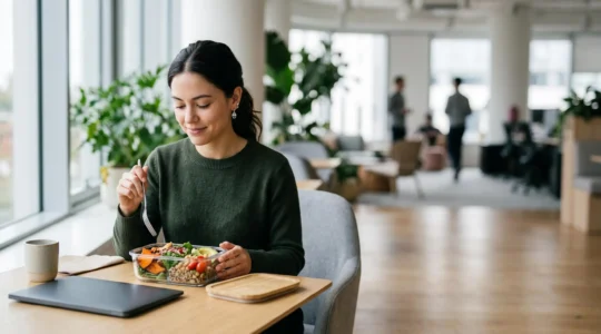 Un professionnel actif savourant un repas sain et equilibre pendant une pause au bureau, symbole de l equilibre entre travail intense et alimentation saine
