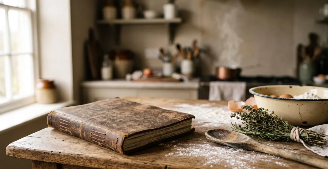 Un carnet de recettes manuscrit ancien posé sur une table en bois patinée, entouré d'ingrédients bruts et de lumière naturelle, symbolisant la transmission du patrimoine culinaire familial