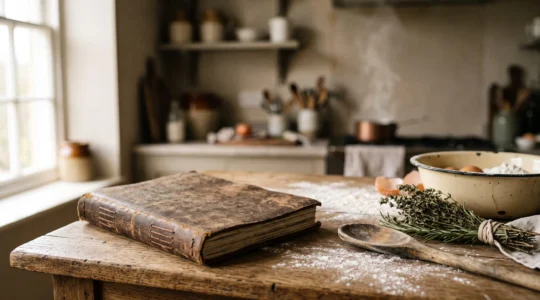 Un carnet de recettes manuscrit ancien posé sur une table en bois patinée, entouré d'ingrédients bruts et de lumière naturelle, symbolisant la transmission du patrimoine culinaire familial