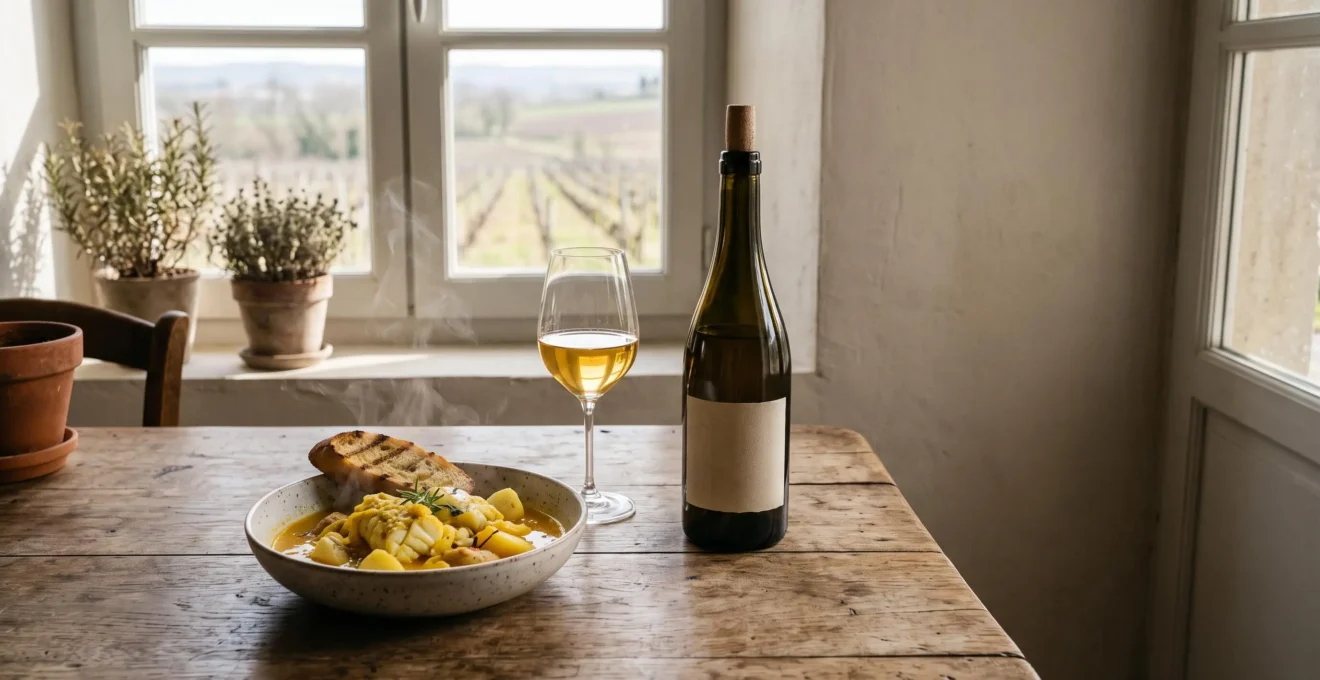 Bouteille de vin régional méconnu posée à côté d'un plat traditionnel français dans une cuisine baignée de lumière naturelle