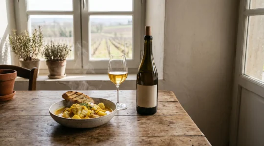 Bouteille de vin régional méconnu posée à côté d'un plat traditionnel français dans une cuisine baignée de lumière naturelle