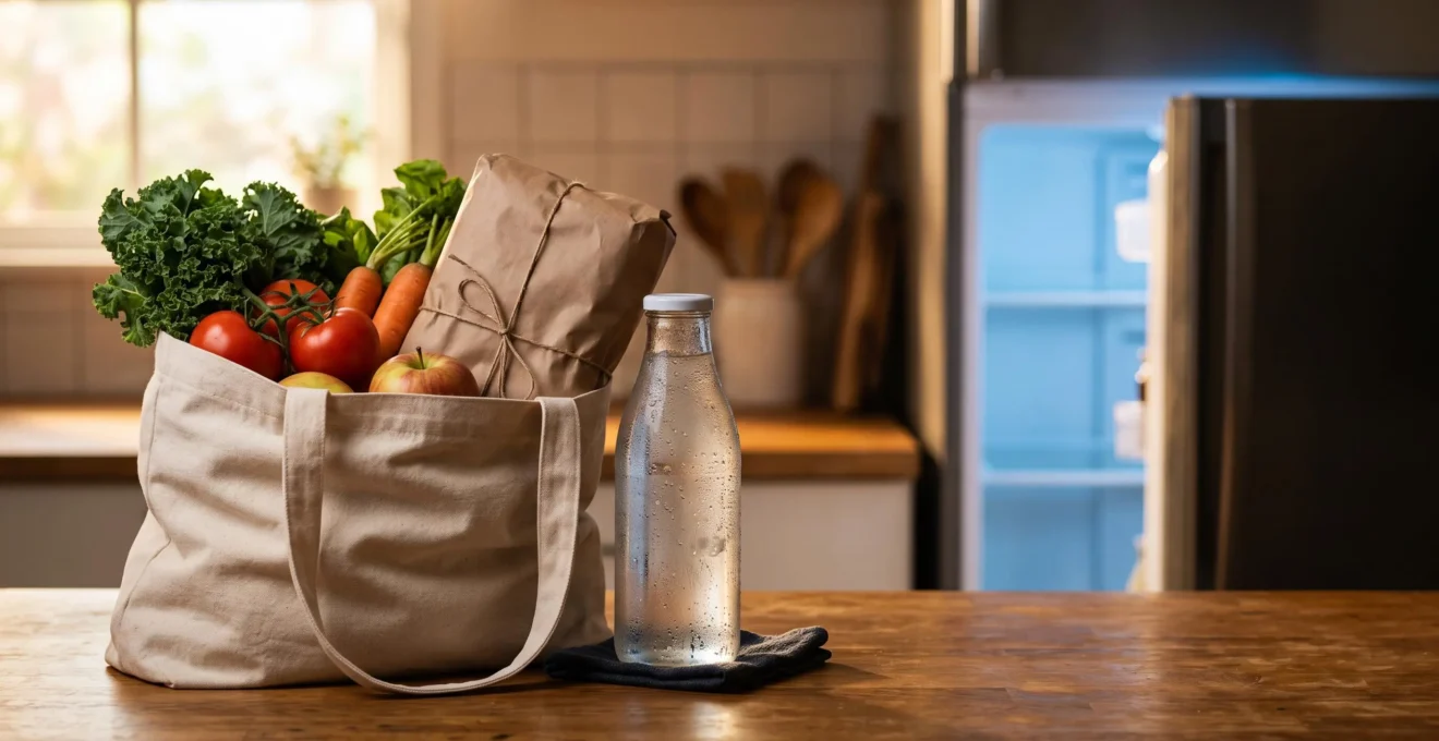 Sac de courses isotherme rempli de produits frais posé sur un plan de travail de cuisine, symbolisant le trajet du magasin à l'assiette