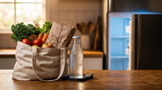 Sac de courses isotherme rempli de produits frais posé sur un plan de travail de cuisine, symbolisant le trajet du magasin à l'assiette
