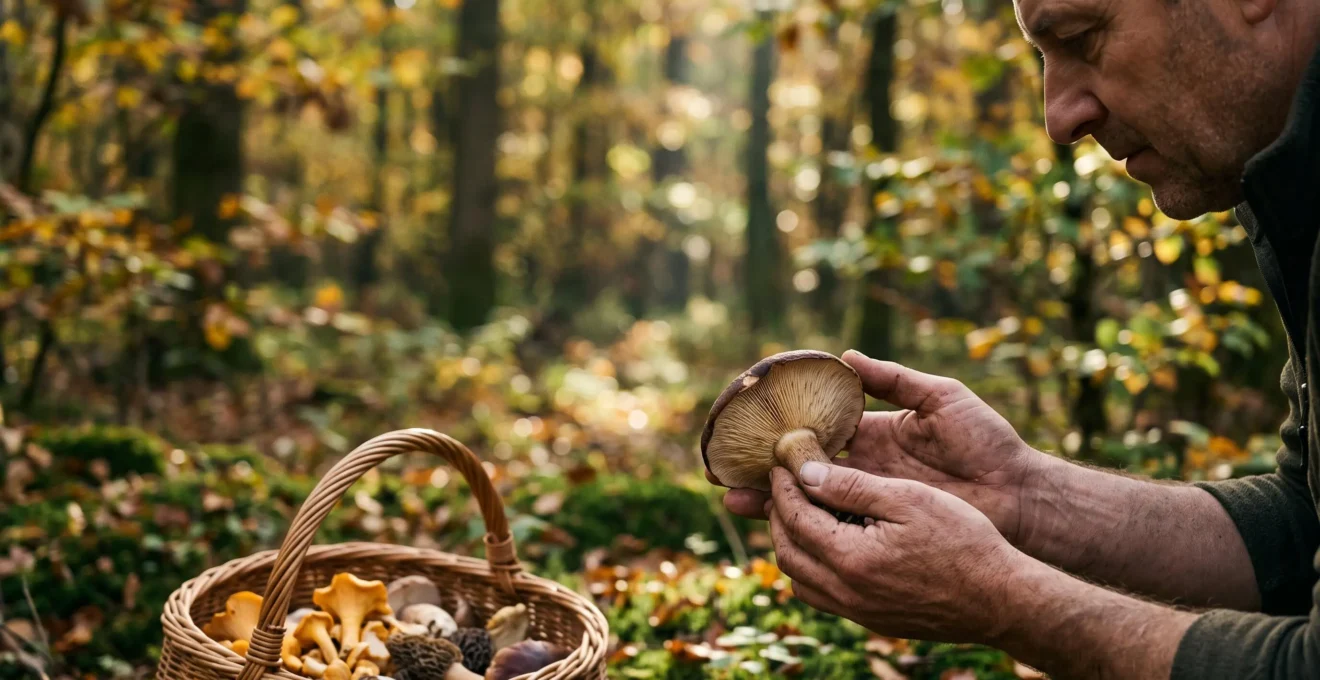Cueilleur examinant attentivement un champignon sauvage tenu dans sa paume, en pleine forêt automnale
