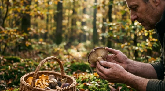 Cueilleur examinant attentivement un champignon sauvage tenu dans sa paume, en pleine forêt automnale