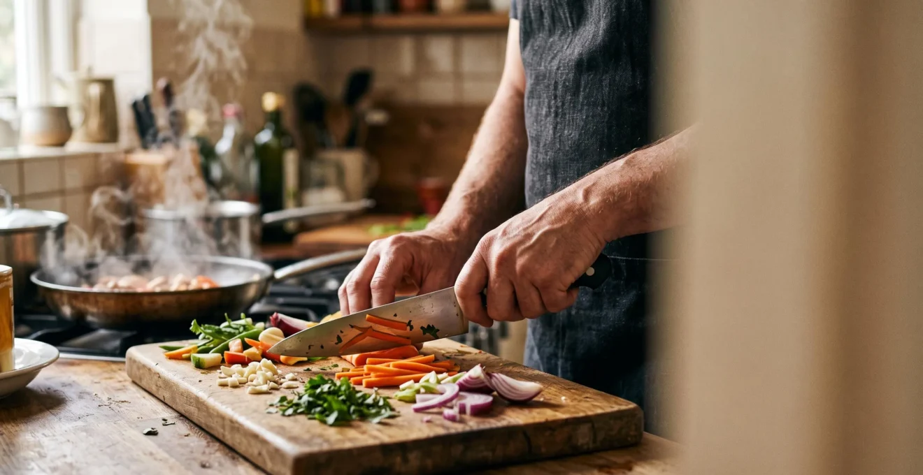 Mains d'un cuisinier maniant un couteau de chef avec précision dans une cuisine baignée de lumière naturelle, symbolisant la progression vers la maîtrise culinaire