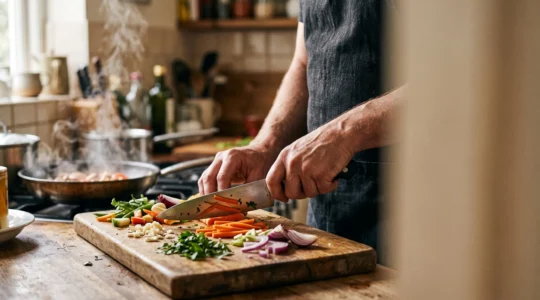 Mains d'un cuisinier maniant un couteau de chef avec précision dans une cuisine baignée de lumière naturelle, symbolisant la progression vers la maîtrise culinaire