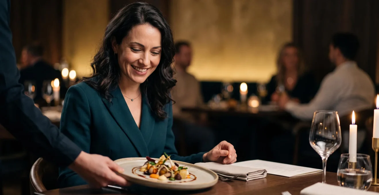 Un convive novice découvre avec émerveillement un plat sophistiqué dans un restaurant gastronomique étoilé