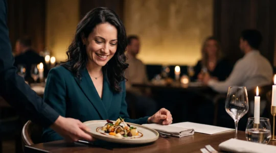 Un convive novice découvre avec émerveillement un plat sophistiqué dans un restaurant gastronomique étoilé