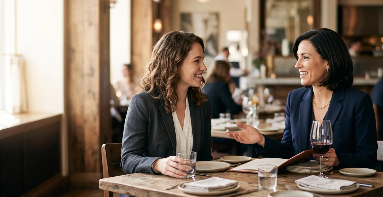 Deux professionnels échangeant avec confiance autour d'une table de restaurant élégante lors d'un déjeuner d'affaires