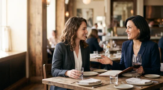 Deux professionnels échangeant avec confiance autour d'une table de restaurant élégante lors d'un déjeuner d'affaires
