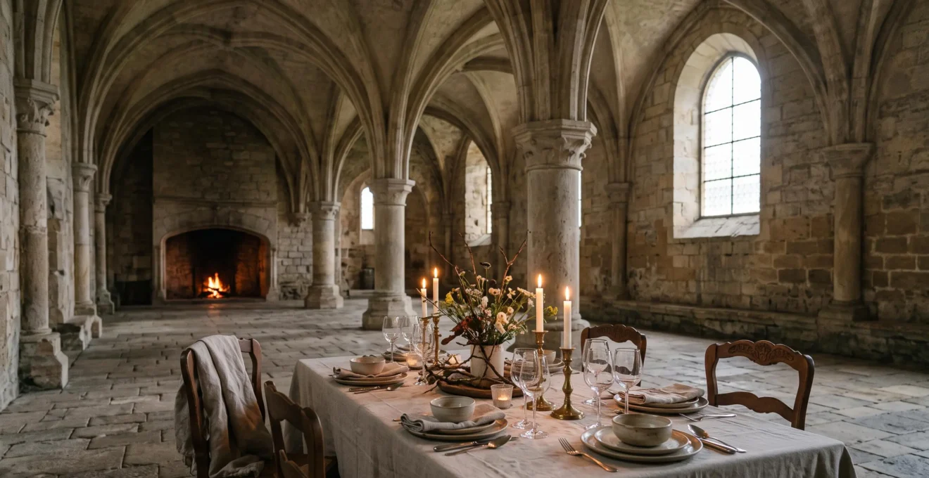 Table gastronomique dressée dans la nef en pierre d'une abbaye médiévale, éclairée à la bougie