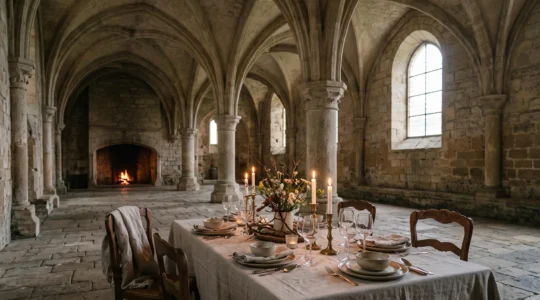 Table gastronomique dressée dans la nef en pierre d'une abbaye médiévale, éclairée à la bougie