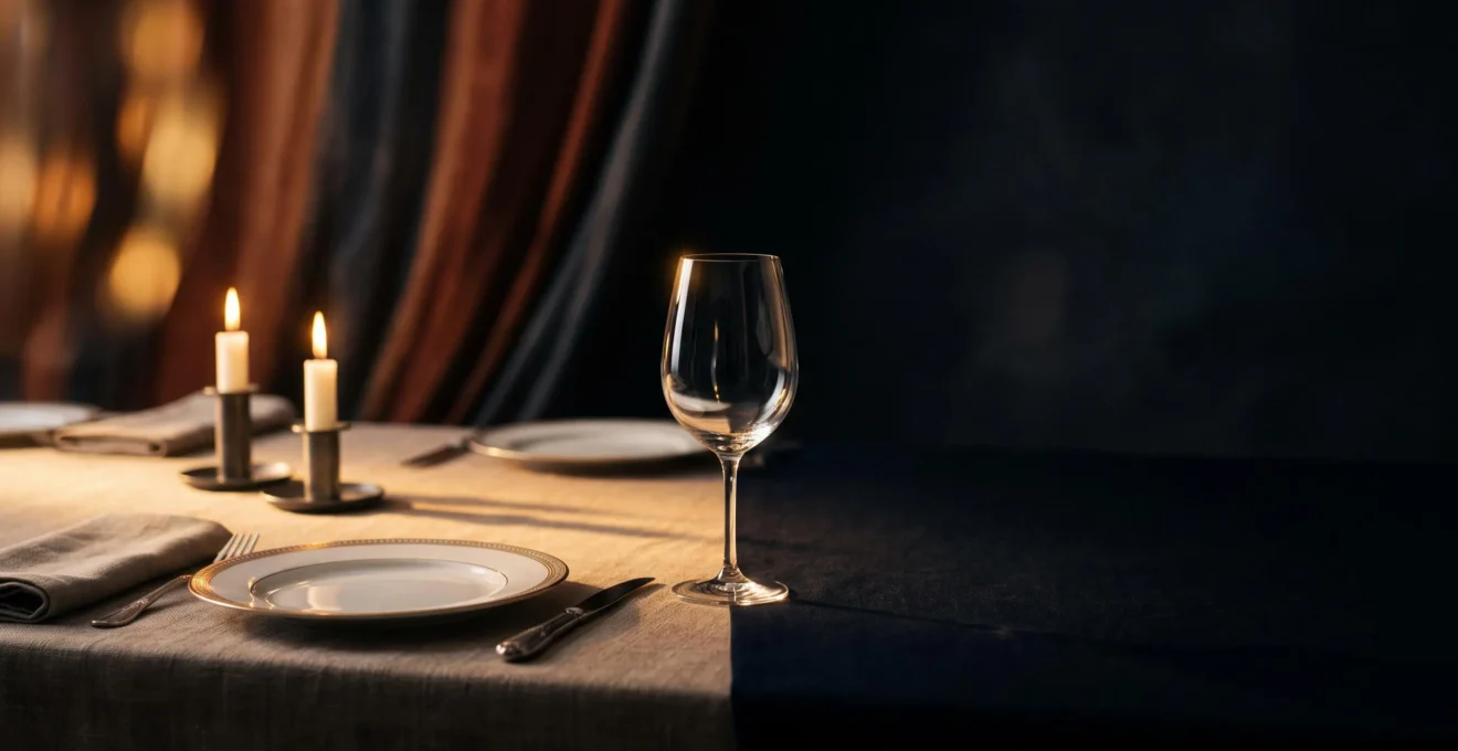 Table de dîner immersif mise en scène entre théâtralité et obscurité, symbolisant un souvenir gustatif inoubliable