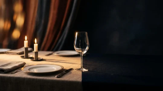 Table de dîner immersif mise en scène entre théâtralité et obscurité, symbolisant un souvenir gustatif inoubliable