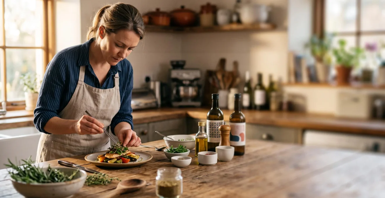 Une personne passionnée de cuisine dressant avec soin un plat maison dans une cuisine chaleureuse et lumineuse