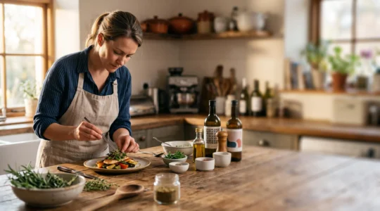 Une personne passionnée de cuisine dressant avec soin un plat maison dans une cuisine chaleureuse et lumineuse