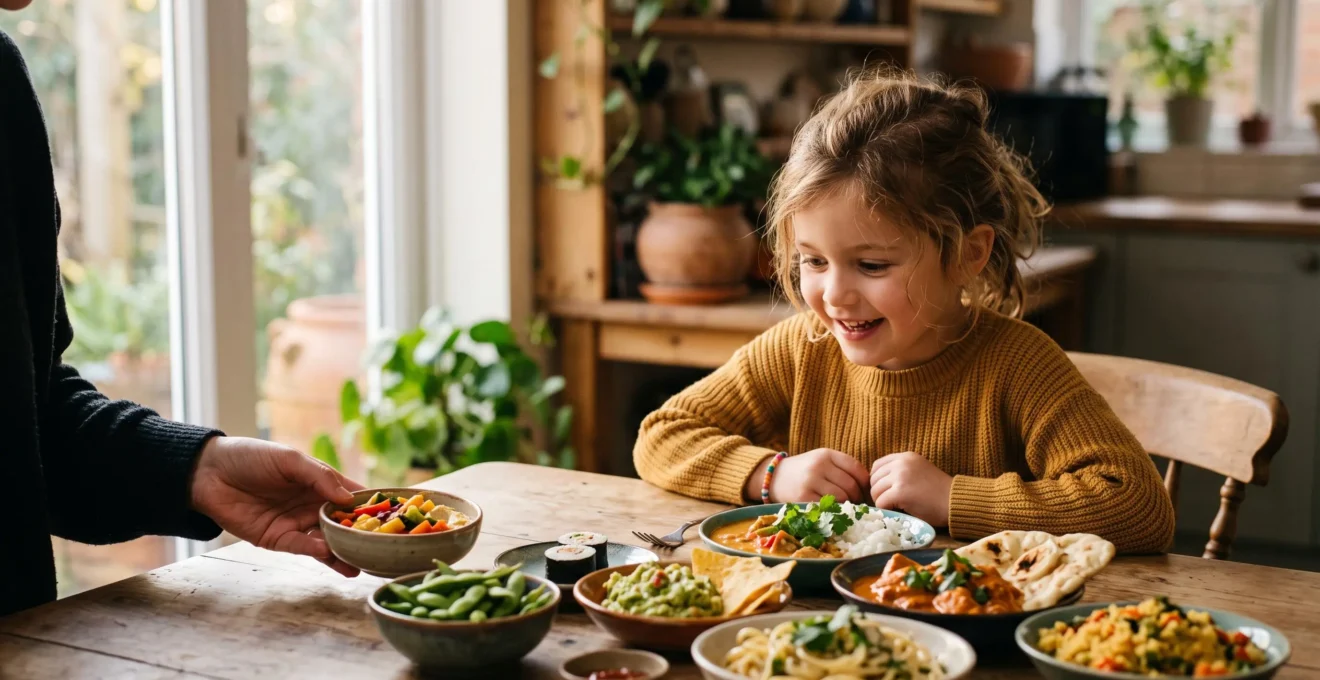 Un enfant curieux decouvre des plats colores de cuisines du monde en famille