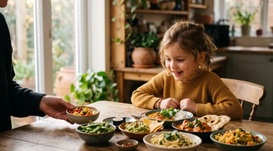 Un enfant curieux decouvre des plats colores de cuisines du monde en famille