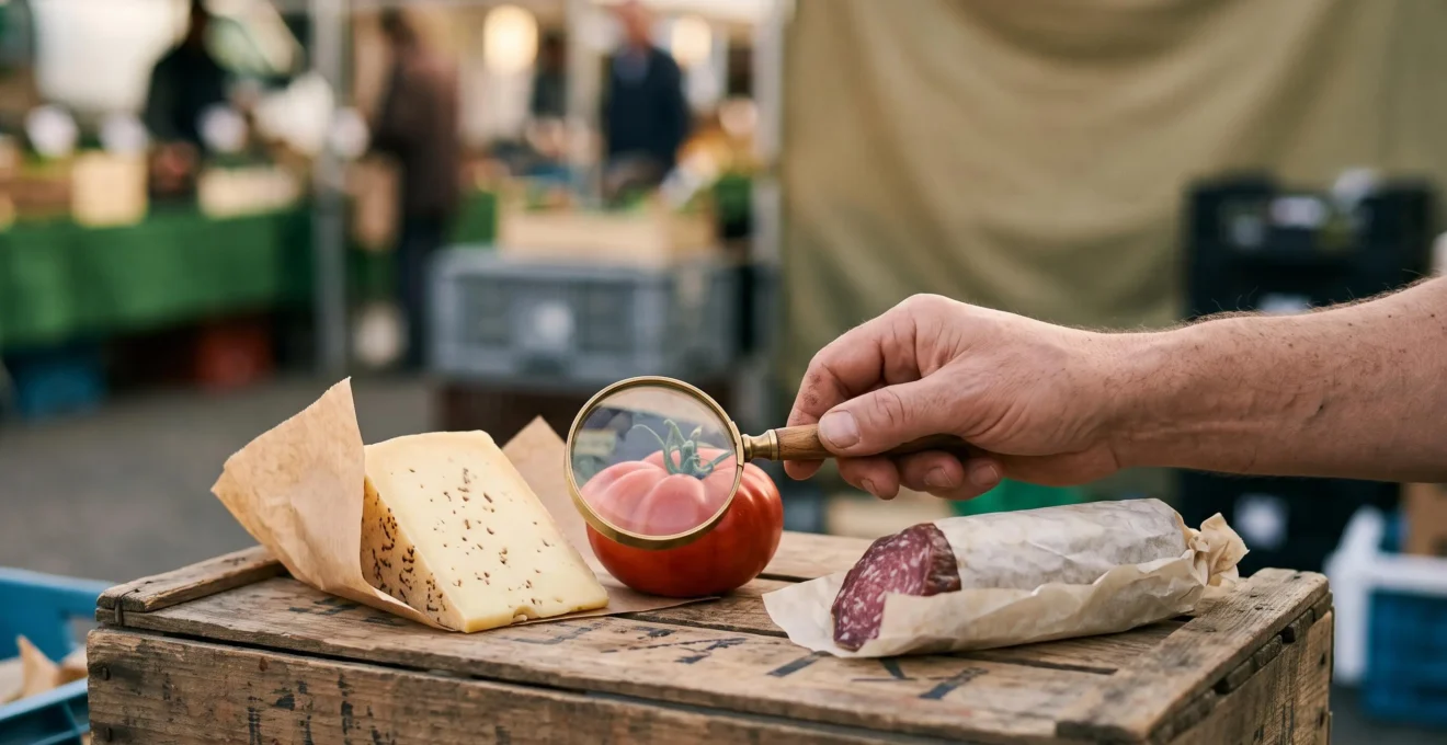 Une main tenant une loupe au-dessus d'un panier de produits frais pour symboliser la vérification de la provenance alimentaire