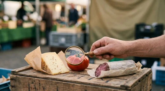 Une main tenant une loupe au-dessus d'un panier de produits frais pour symboliser la vérification de la provenance alimentaire