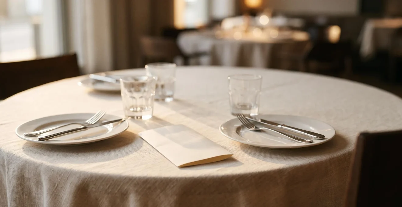 Table de restaurant professionnelle avec deux couverts et une addition posée en évidence, symbole de l'équilibre entre convivialité et rigueur fiscale