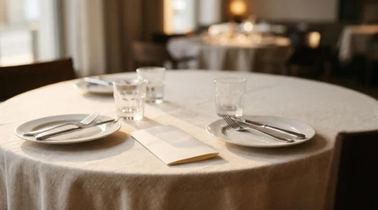 Table de restaurant professionnelle avec deux couverts et une addition posée en évidence, symbole de l'équilibre entre convivialité et rigueur fiscale