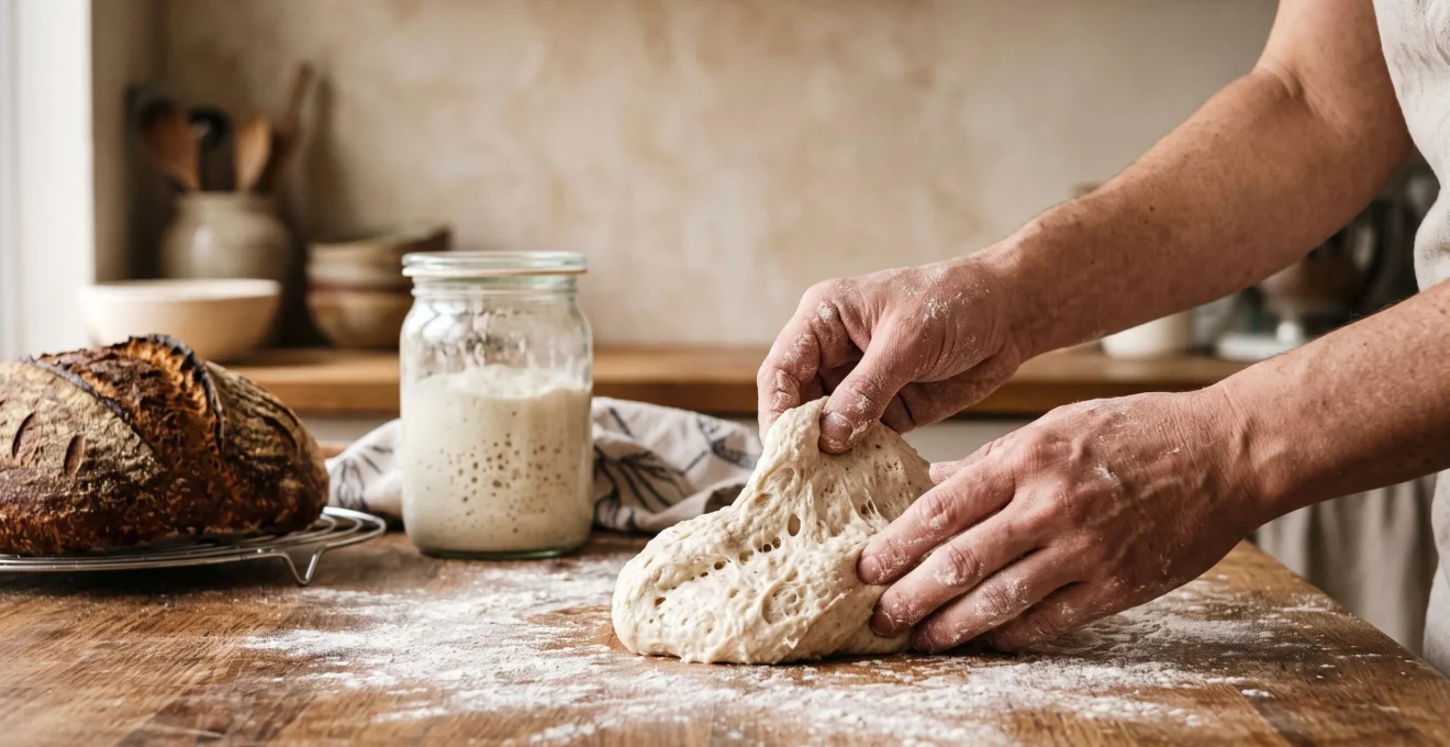 Mains d'un boulanger artisanal façonnant une pâte au levain naturel à côté d'un pain frais et d'un bocal de levain bouillonnant
