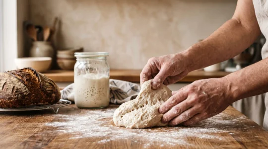 Mains d'un boulanger artisanal façonnant une pâte au levain naturel à côté d'un pain frais et d'un bocal de levain bouillonnant