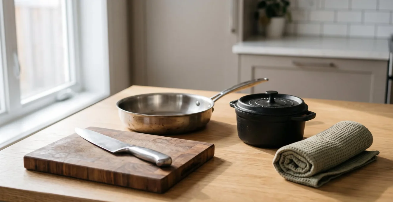 Composition minimaliste d'ustensiles de cuisine essentiels pour un débutant avec un budget limité, incluant un couteau de chef, une planche en bois et une poêle en inox