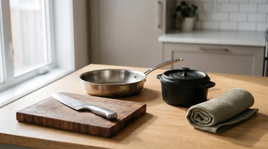 Composition minimaliste d'ustensiles de cuisine essentiels pour un débutant avec un budget limité, incluant un couteau de chef, une planche en bois et une poêle en inox