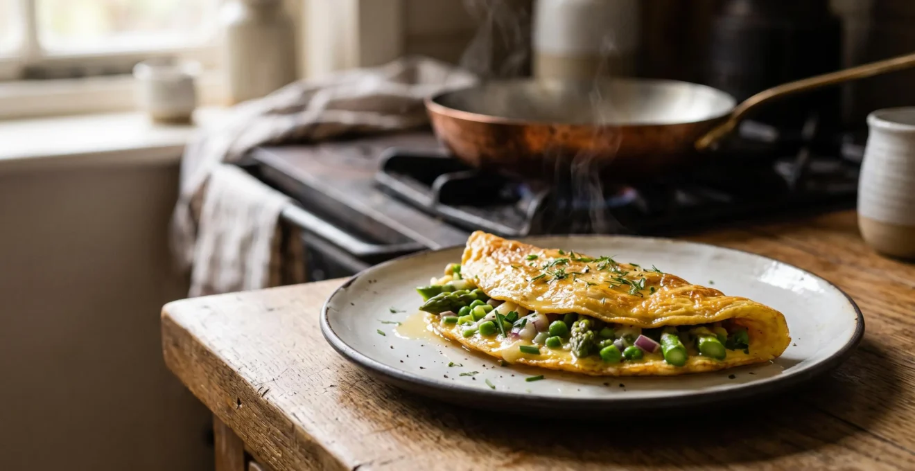 Omelette baveuse aux légumes fraîchement pliée sur une assiette, avec un filet de vapeur visible