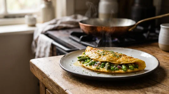 Omelette baveuse aux légumes fraîchement pliée sur une assiette, avec un filet de vapeur visible
