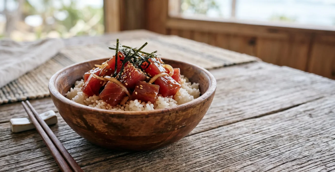 Bol de poke bowl hawaïen authentique avec cubes de thon cru mariné, riz et algues, présenté dans une lumière naturelle
