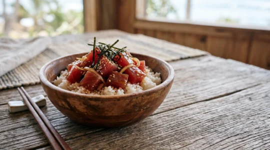 Bol de poke bowl hawaïen authentique avec cubes de thon cru mariné, riz et algues, présenté dans une lumière naturelle