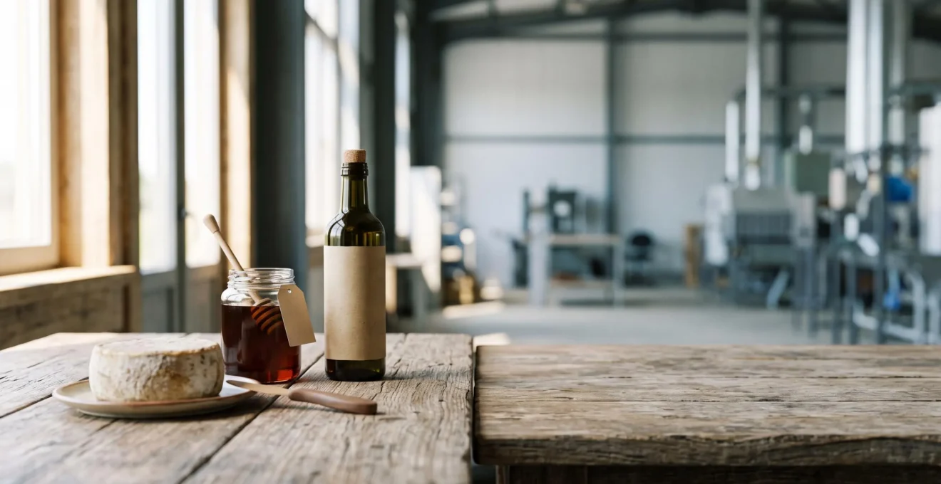 Panier de produits fermiers authentiques pose sur une table en bois rustique, symbolisant l'authenticite du terroir face a l'industrialisation