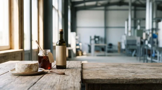 Panier de produits fermiers authentiques pose sur une table en bois rustique, symbolisant l'authenticite du terroir face a l'industrialisation