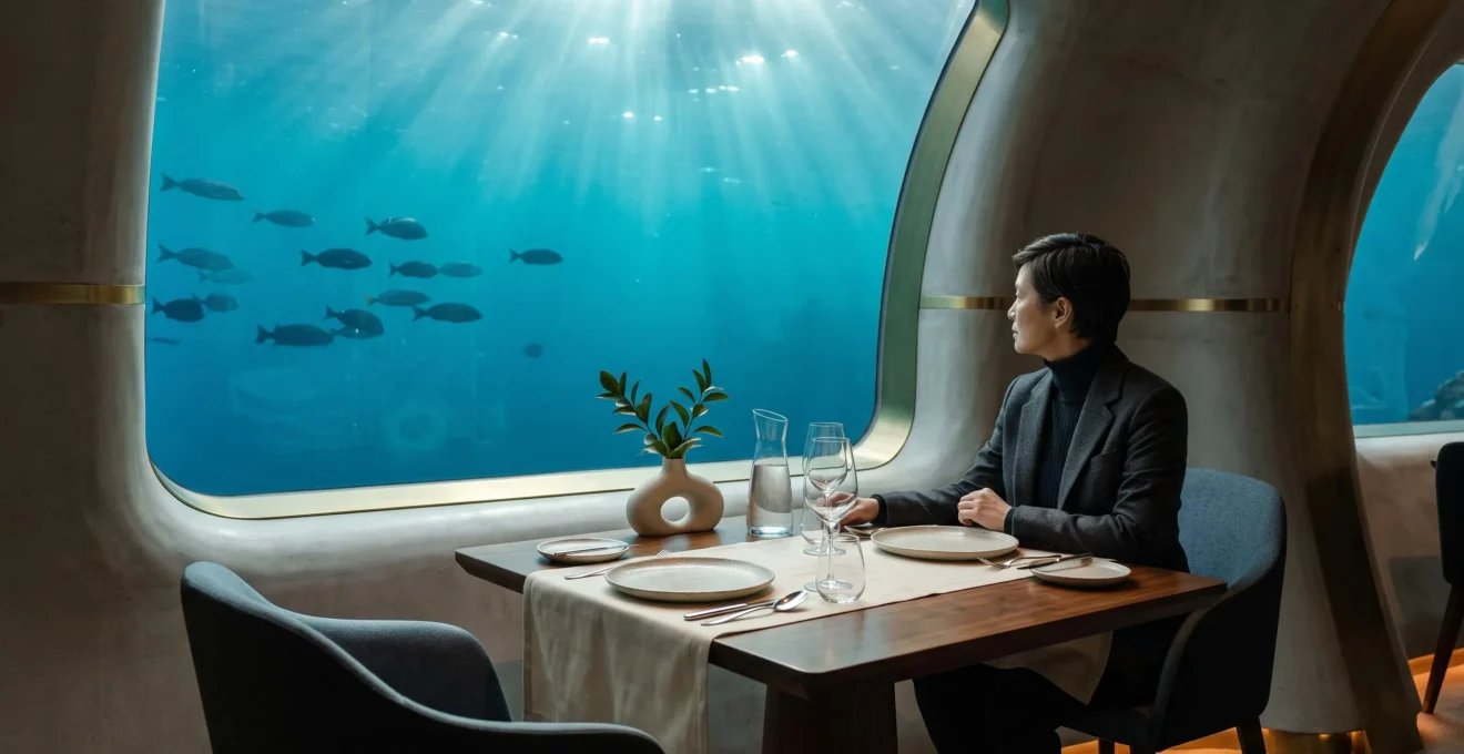 Table dressée avec élégance dans un restaurant sous-marin, grande baie vitrée ouvrant sur les fonds marins baignés de lumière bleue