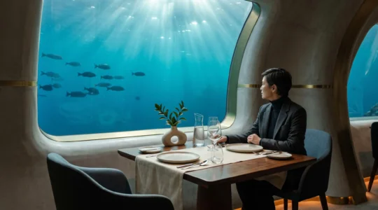 Table dressée avec élégance dans un restaurant sous-marin, grande baie vitrée ouvrant sur les fonds marins baignés de lumière bleue
