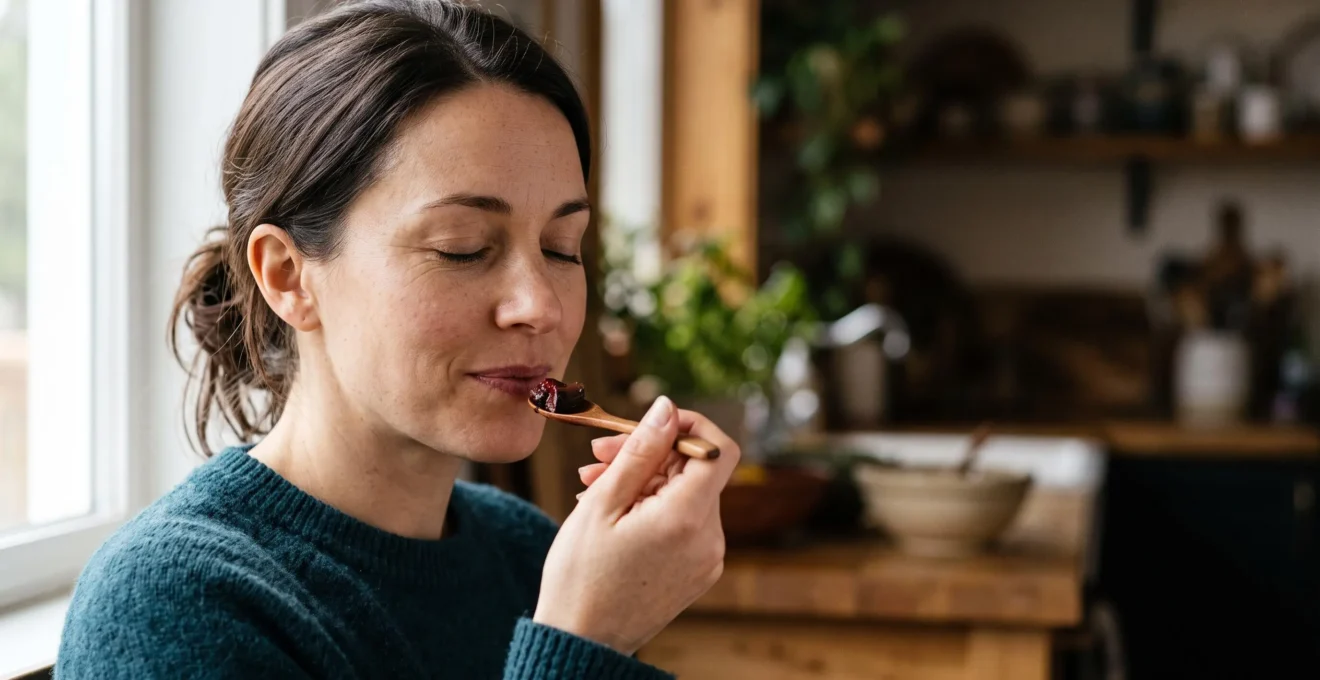 Personne savourant un aliment les yeux fermes, symbole de l'eveil sensoriel du gout