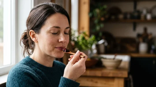 Personne savourant un aliment les yeux fermes, symbole de l'eveil sensoriel du gout